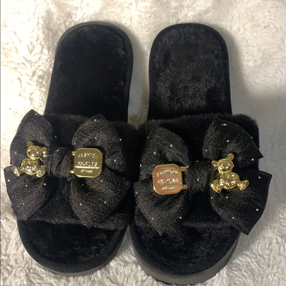 NWOT Elegant Black Slippers with Gold Accents